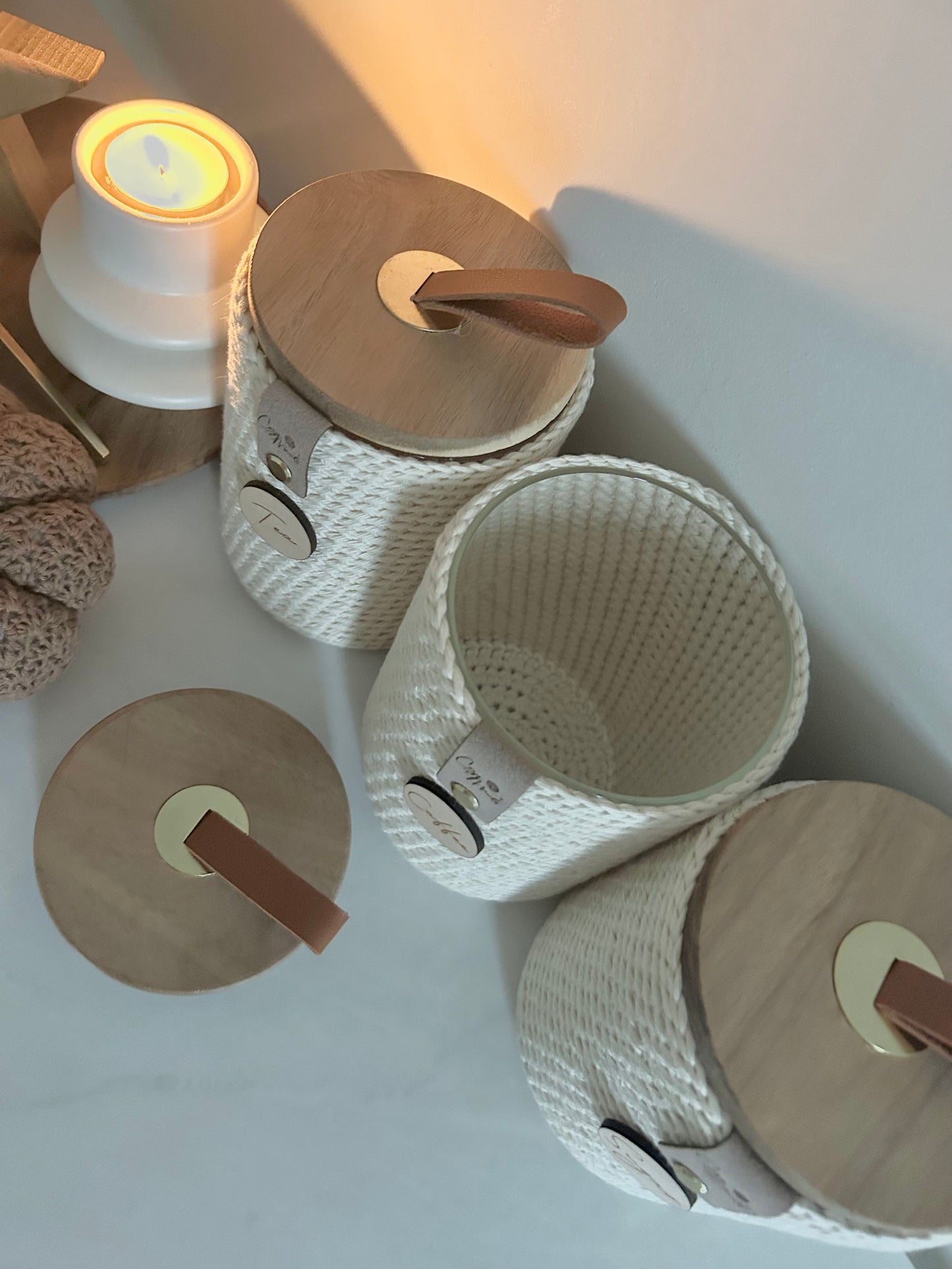 Neutral Crochet Glass Tea Coffee Sugar Jars | Kitchen Storage | Boho Farmhouse Aesthetic