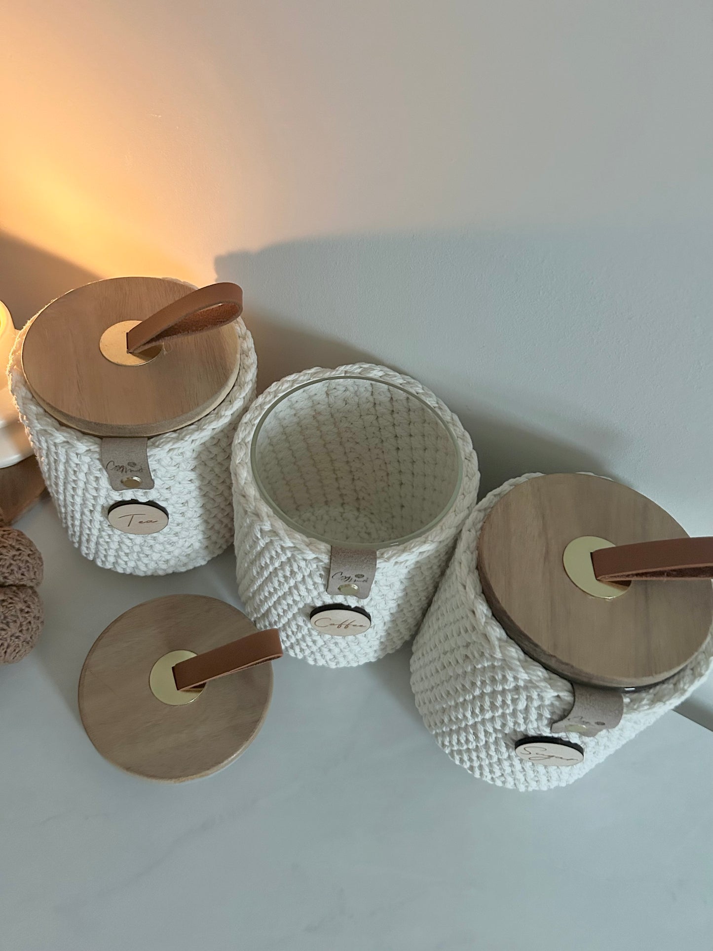 Neutral Crochet Tea Coffee Sugar Jars | Kitchen Storage | Chunky Boho farmhouse Aesthetic
