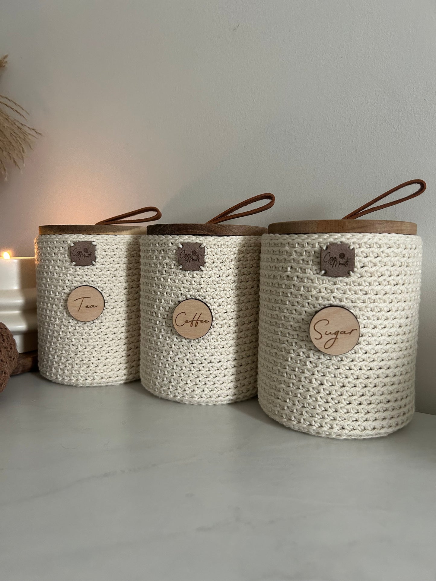 Crochet Tea Coffee Sugar Jars | Kitchen Storage | Boho Farmhouse Aesthetic