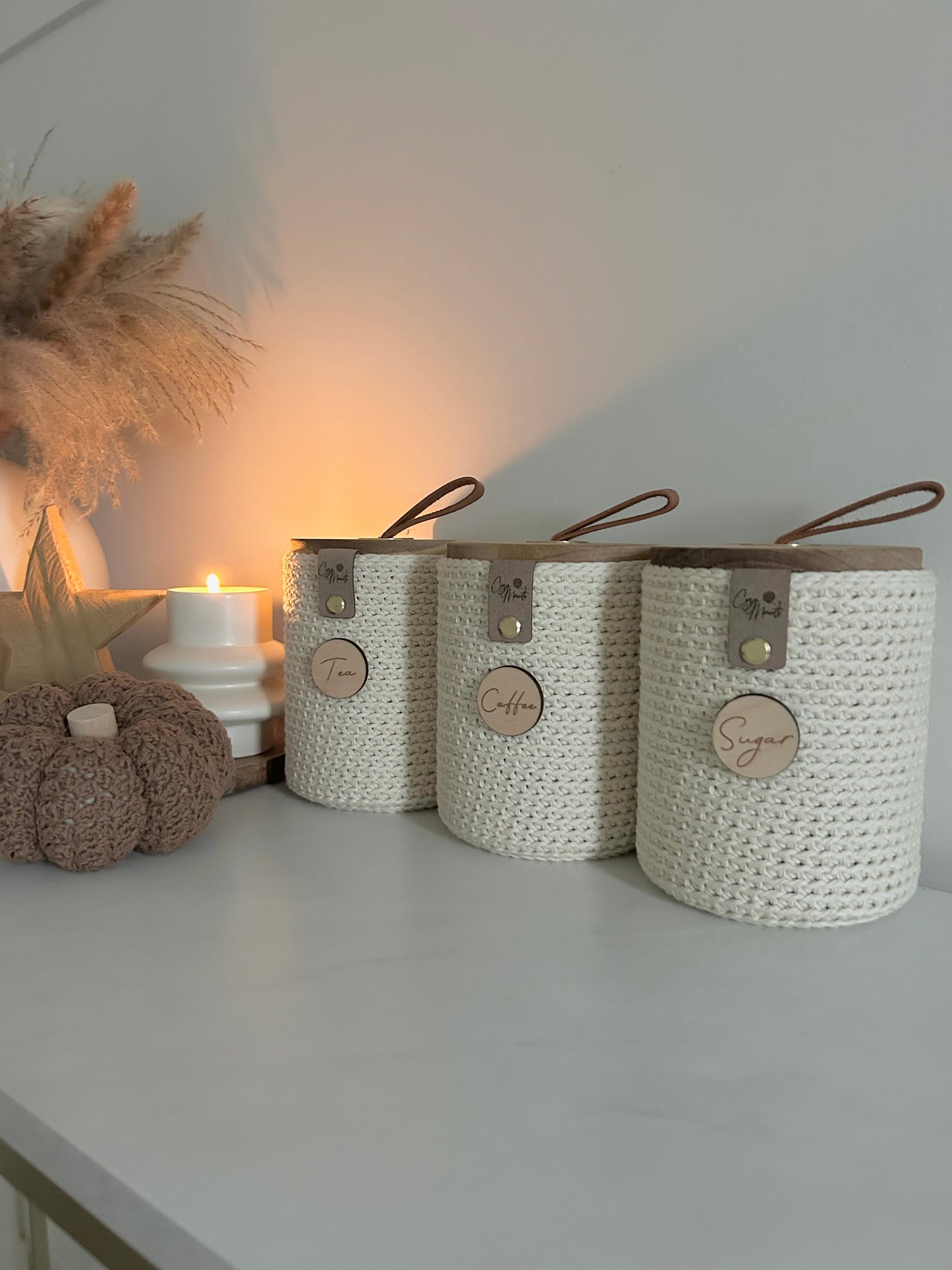 Neutral Crochet Glass Tea Coffee Sugar Jars | Kitchen Storage | Boho Farmhouse Aesthetic