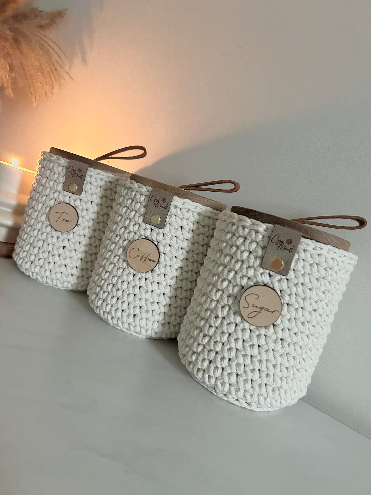 Neutral Crochet Tea Coffee Sugar Jars | Kitchen Storage | Chunky Boho farmhouse Aesthetic