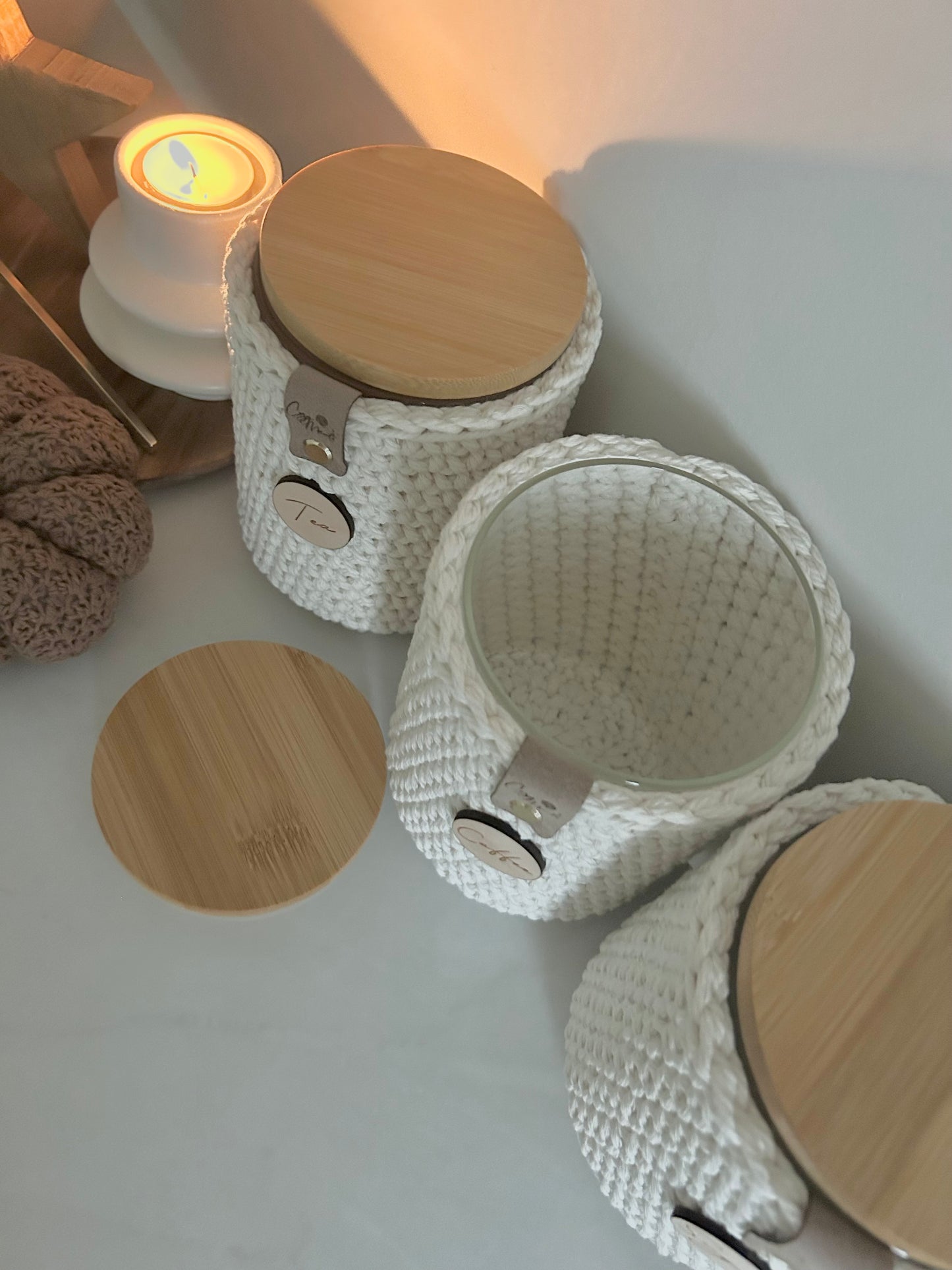Neutral Crochet Tea Coffee Sugar Jars | Kitchen Storage | Chunky Boho farmhouse Aesthetic