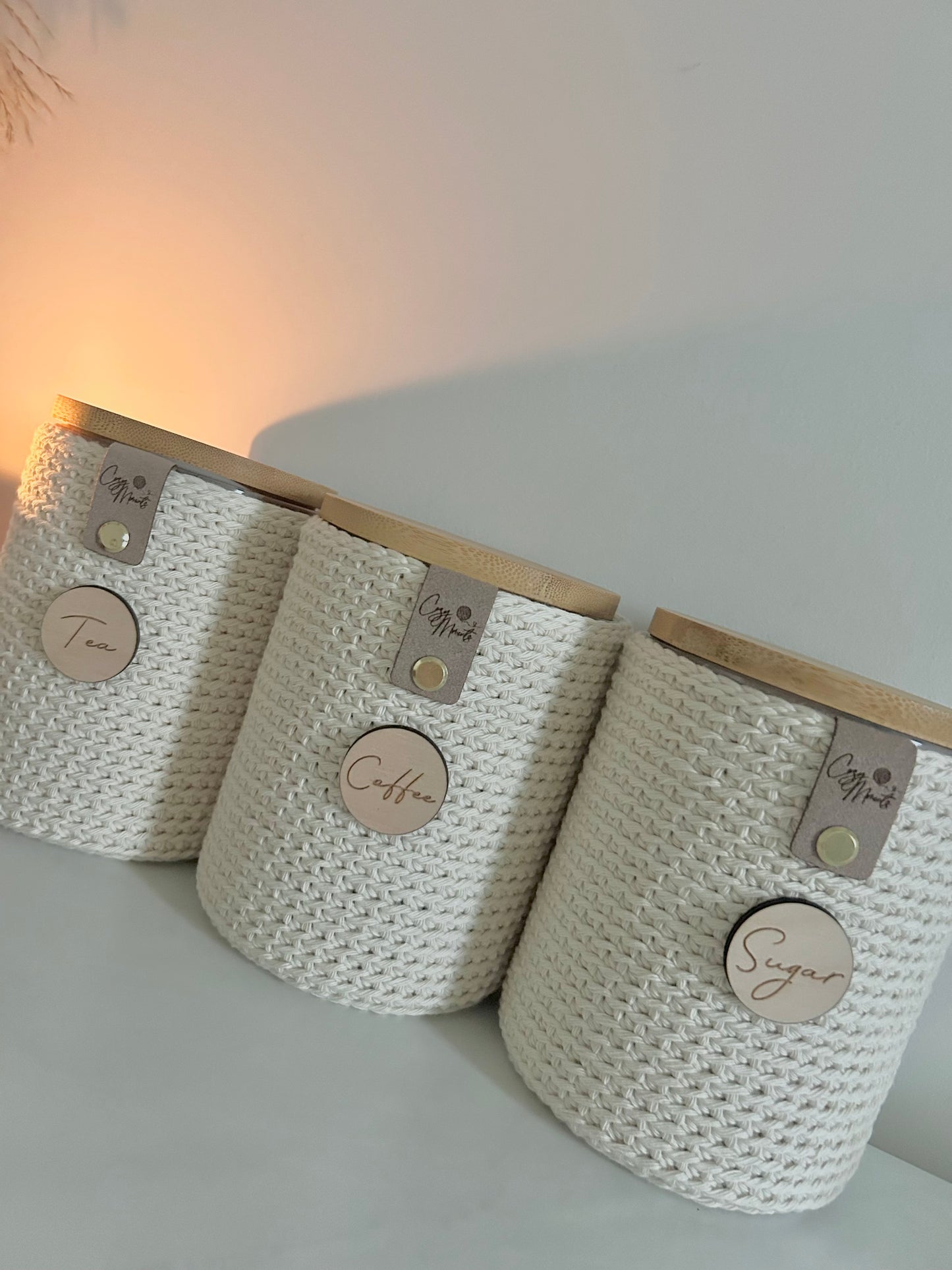 Neutral Crochet Glass Tea Coffee Sugar Jars | Kitchen Storage | Boho Farmhouse Aesthetic