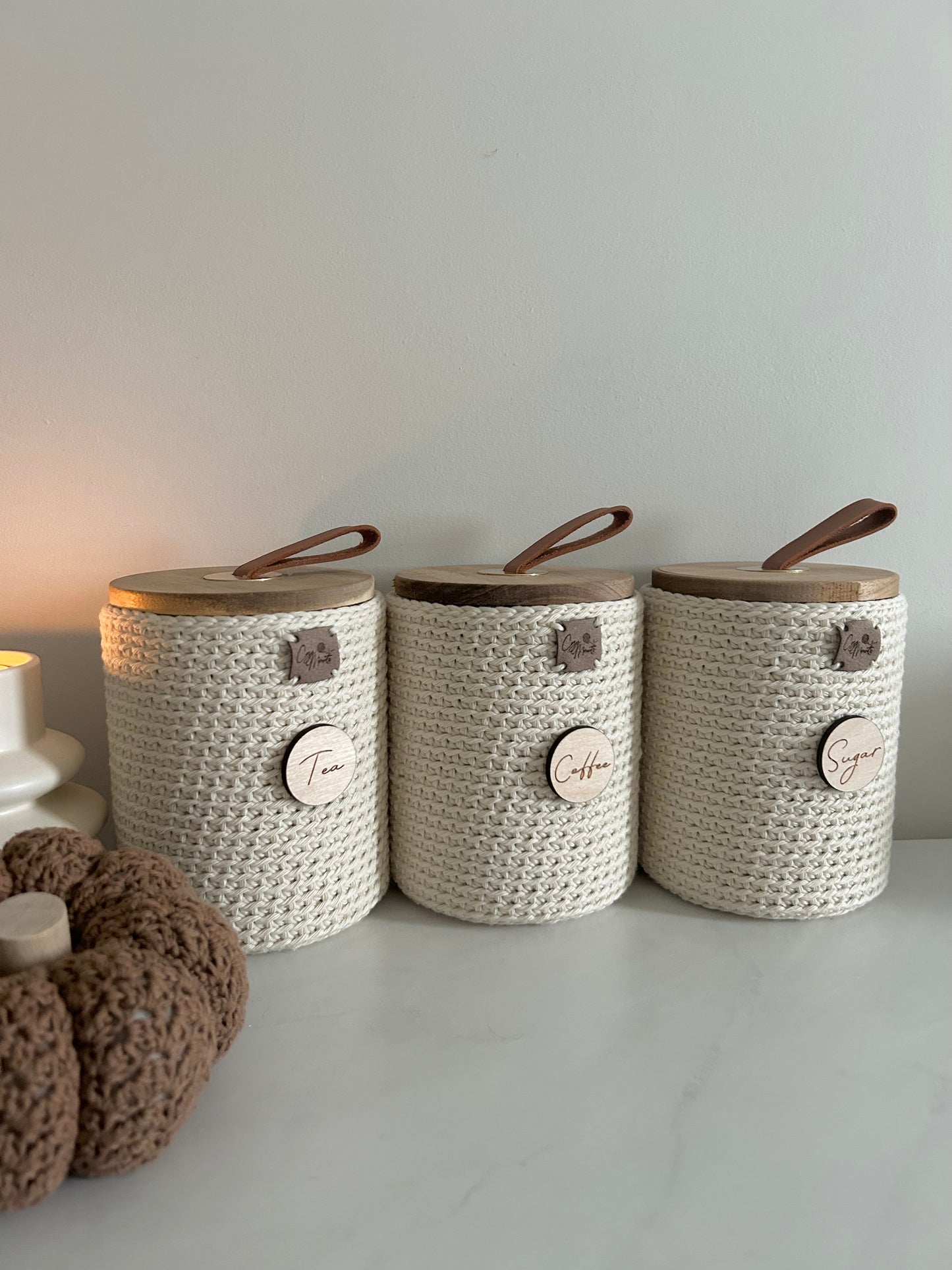 Crochet Tea Coffee Sugar Jars | Kitchen Storage | Boho Farmhouse Aesthetic