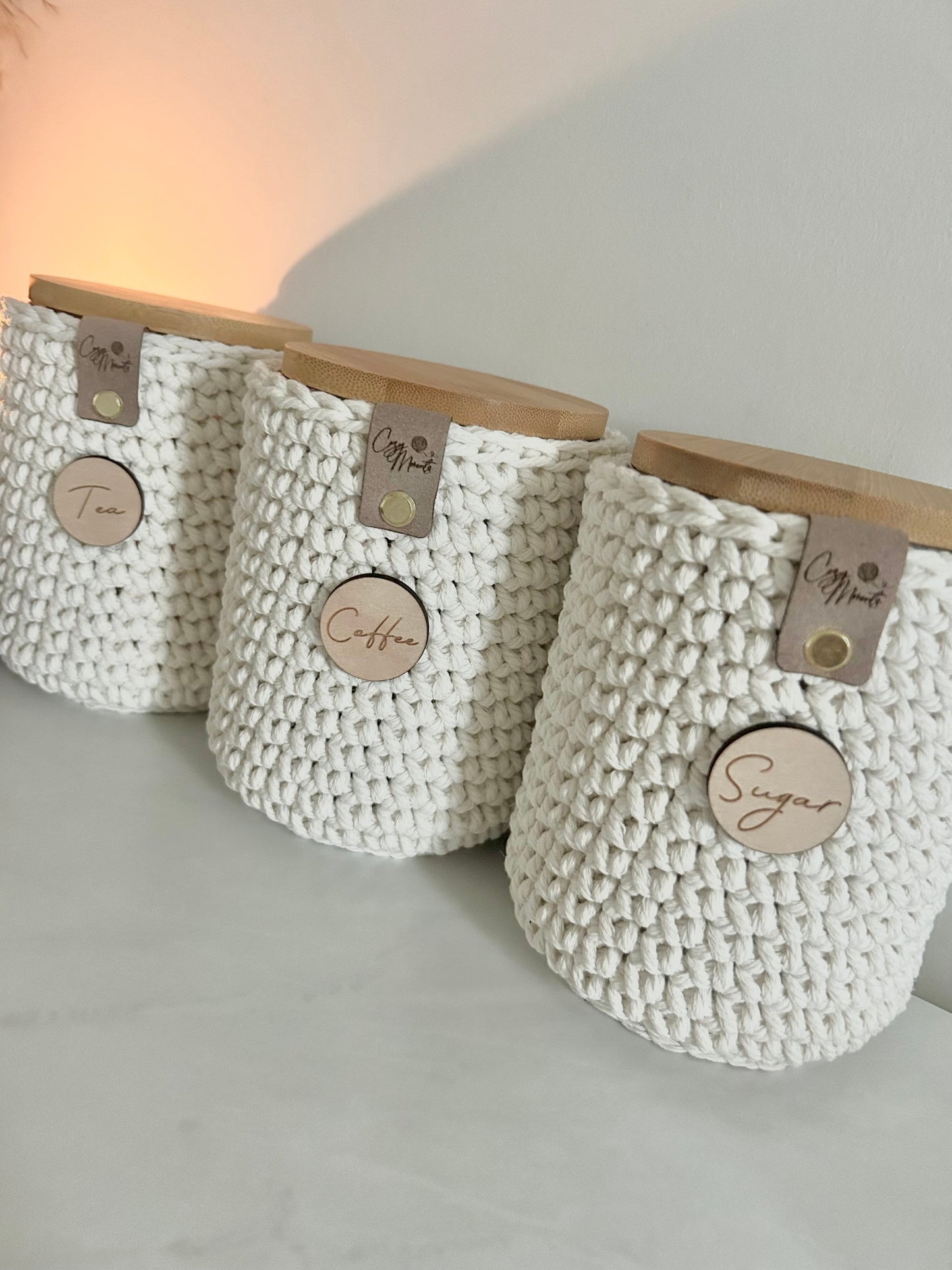 Neutral Crochet Tea Coffee Sugar Jars | Kitchen Storage | Chunky Boho farmhouse Aesthetic