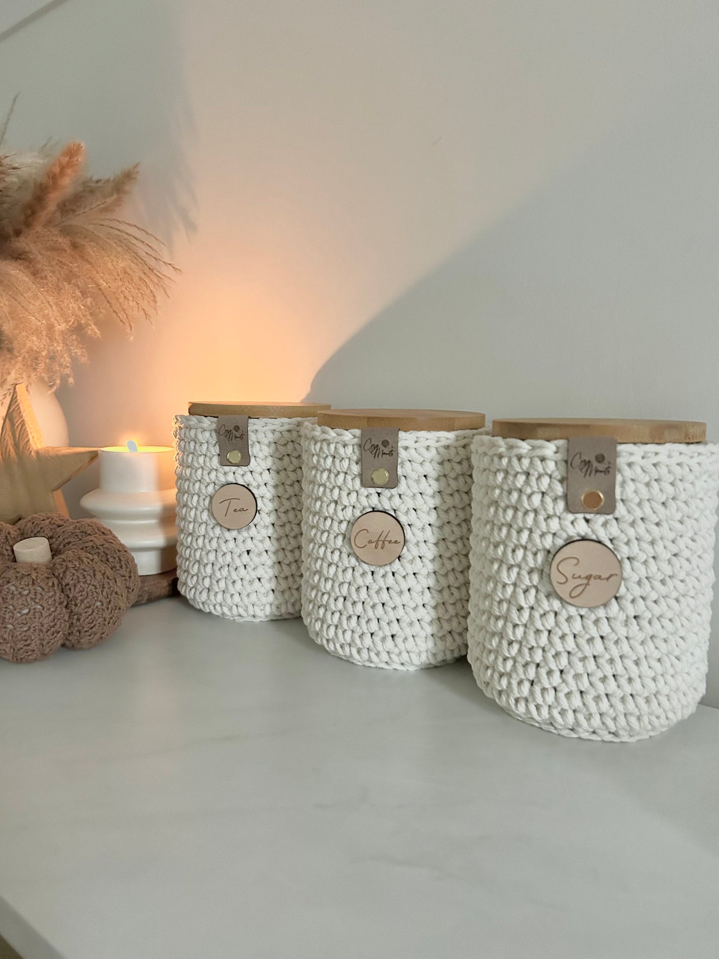 Neutral Crochet Tea Coffee Sugar Jars | Kitchen Storage | Chunky Boho farmhouse Aesthetic
