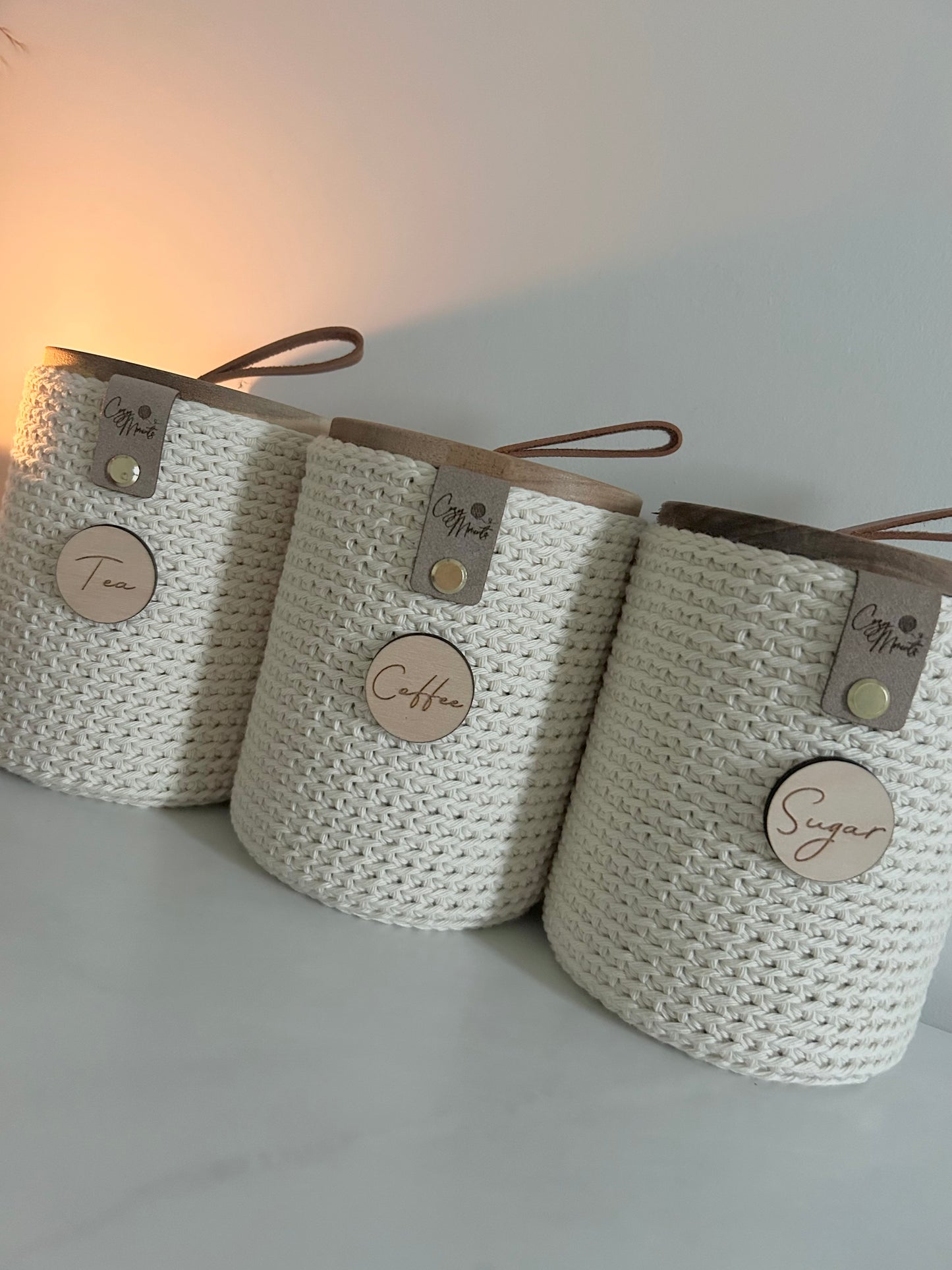 Neutral Crochet Glass Tea Coffee Sugar Jars | Kitchen Storage | Boho Farmhouse Aesthetic