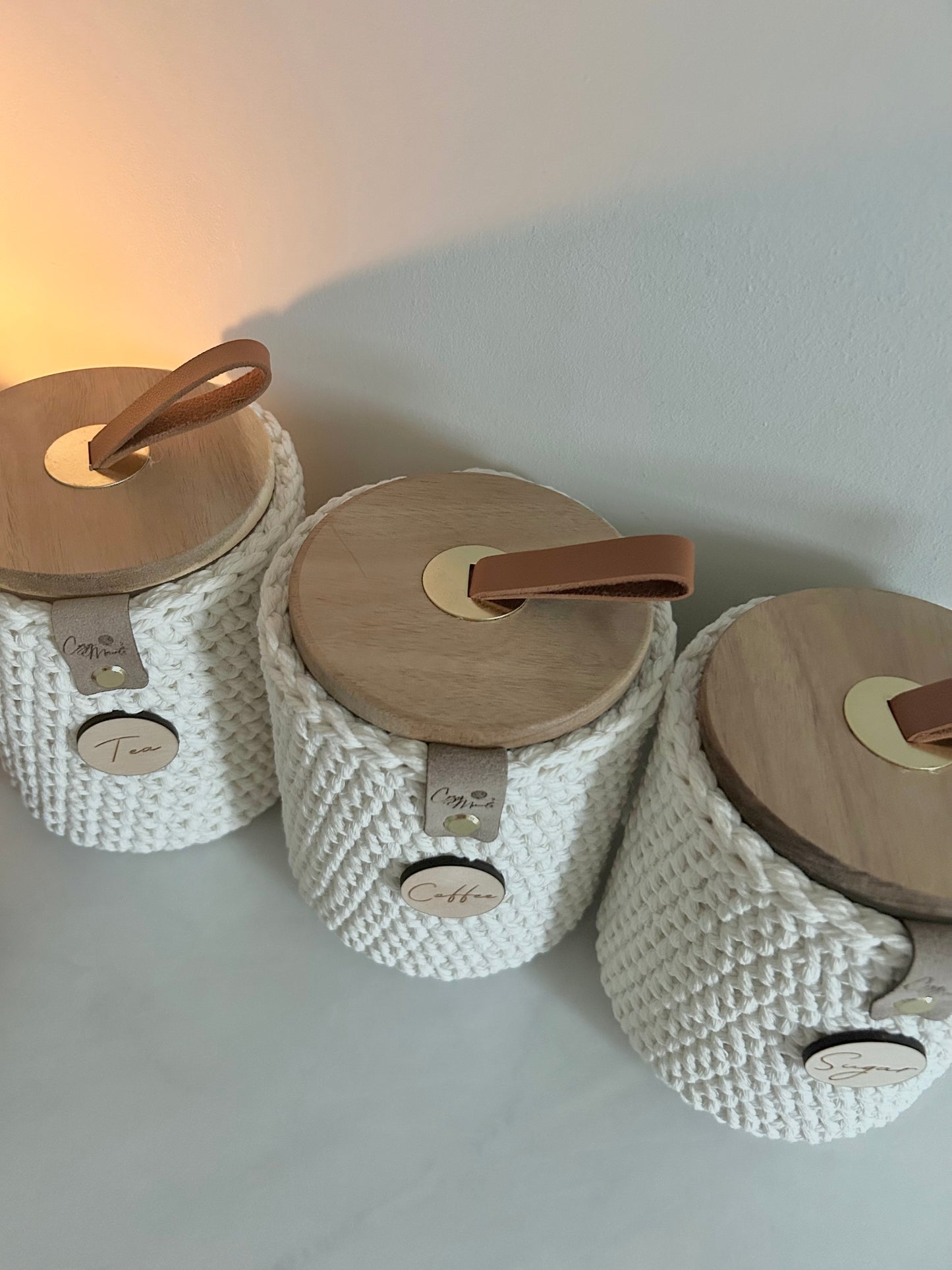 Neutral Crochet Tea Coffee Sugar Jars | Kitchen Storage | Chunky Boho farmhouse Aesthetic