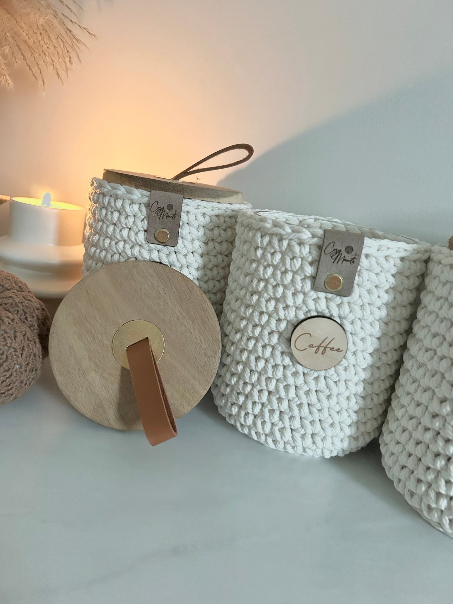 Neutral Crochet Tea Coffee Sugar Jars | Kitchen Storage | Chunky Boho farmhouse Aesthetic