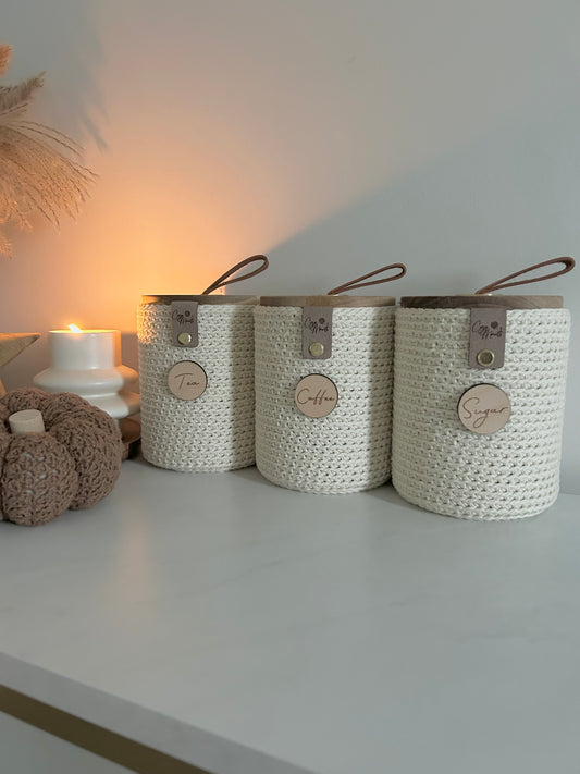 Neutral Crochet Glass Tea Coffee Sugar Jars | Kitchen Storage | Boho Farmhouse Aesthetic