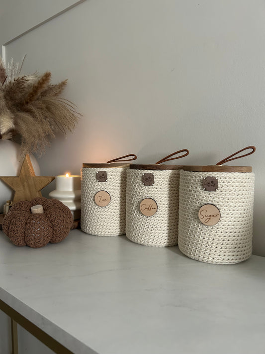 Crochet Tea Coffee Sugar Jars | Kitchen Storage | Boho Farmhouse Aesthetic