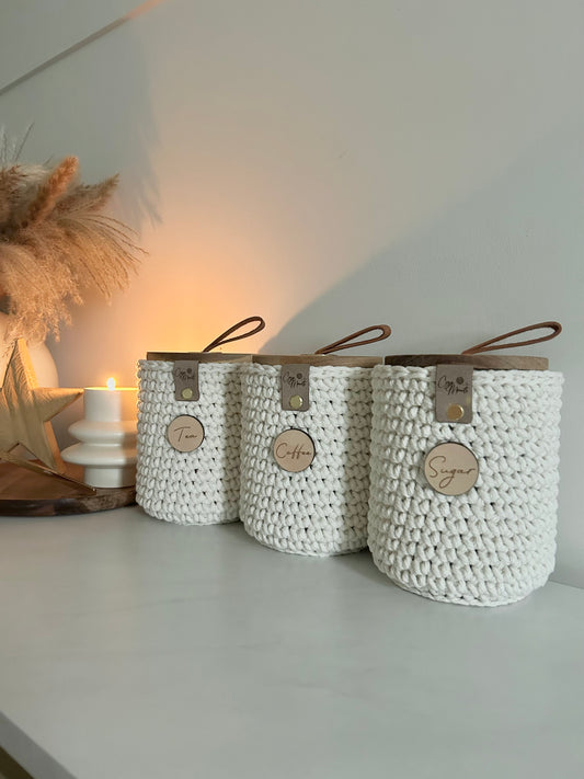 Neutral Crochet Tea Coffee Sugar Jars | Kitchen Storage | Chunky Boho farmhouse Aesthetic