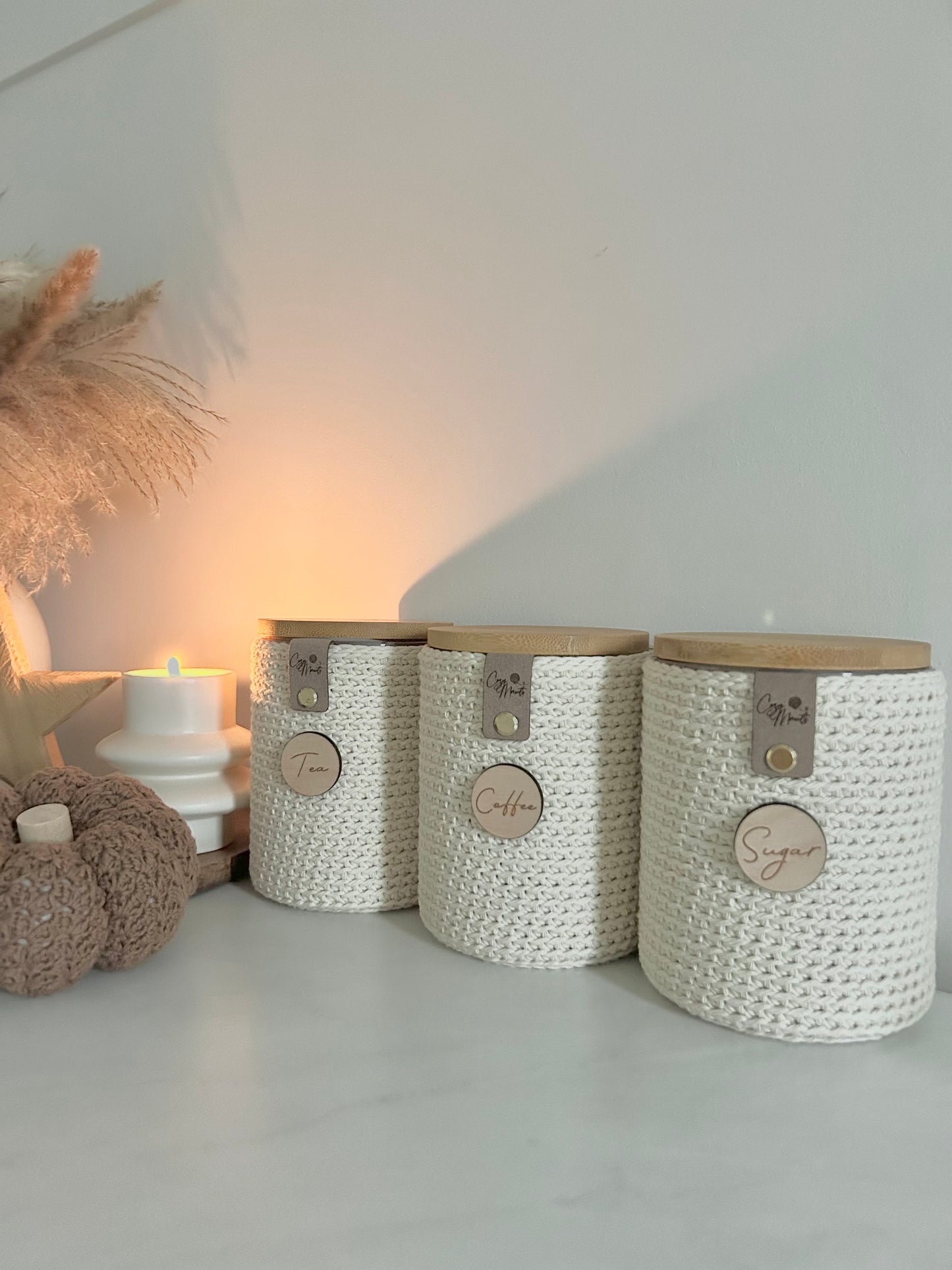 Neutral Crochet Glass Tea Coffee Sugar Jars | Kitchen Storage | Boho Farmhouse Aesthetic